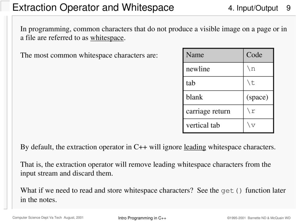 The most common whitespace characters are: Name newline tab blank carriage return vertical tab Code \n \t (space) \r \v By default, the