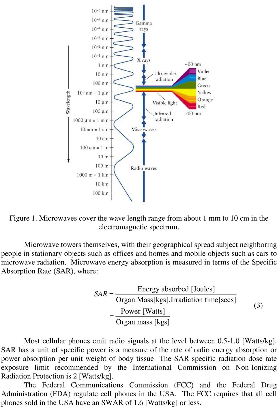 Microwave energy absorption is measured in terms of the Specific Absorption Rate (SAR), where: SAR = = Energy absorbed [Joules] Organ Mass[kgs].