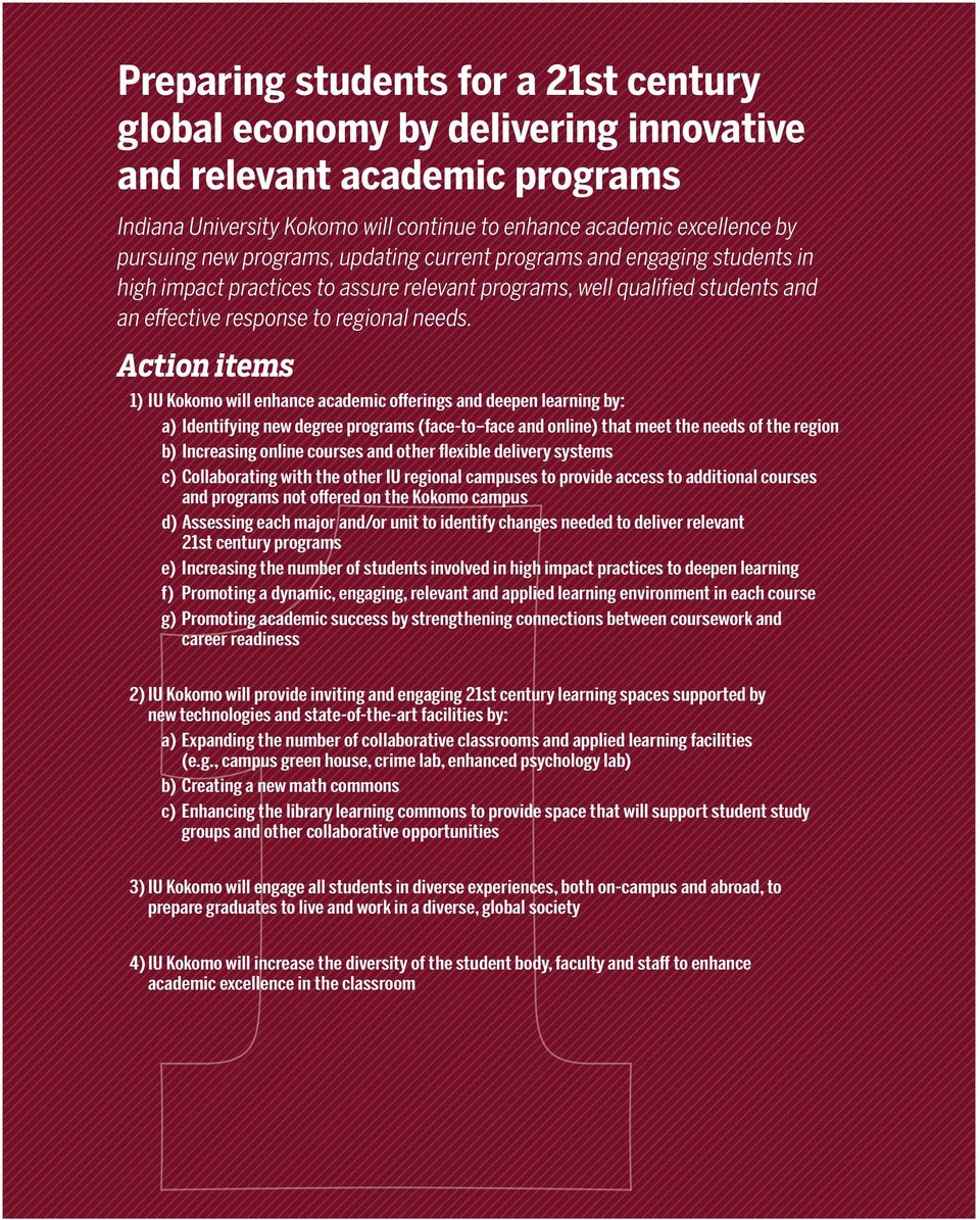 Action items 1) IU Kokomo will enhance academic offerings and deepen learning by: a) Identifying new degree programs (face-to face and online) that meet the needs of the region b) Increasing online