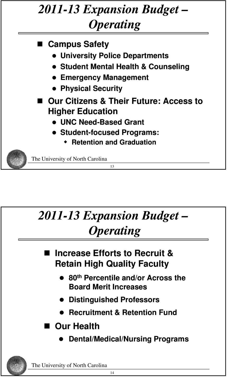 Retention and Graduation 13 2011-13 Expansion Budget Operating Increase Efforts to Recruit & Retain High Quality Faculty 80 th