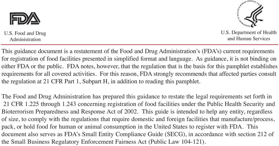 FDA notes, however, that the regulation that is the basis for this pamphlet establishes requirements for all covered activities.