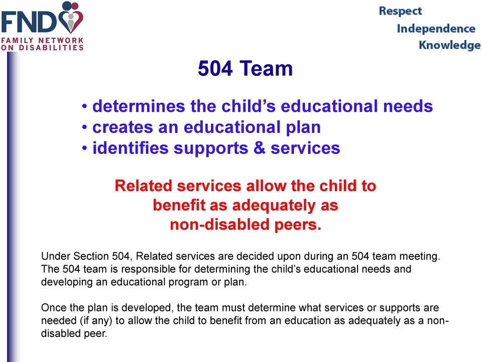 The 504 team is responsible for determining the child s educational needs and developing an educational program or plan.