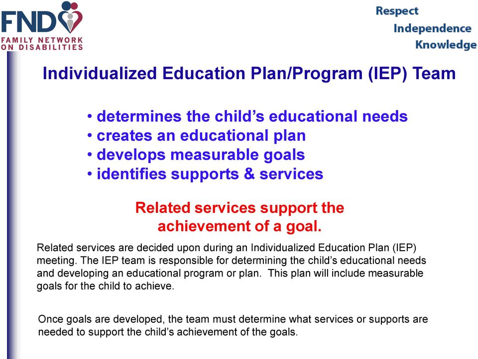 The IEP team is responsible for determining the child s educational needs and developing an educational program or plan.