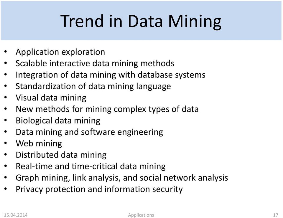 Biological data mining Data mining and software engineering Web mining Distributed data mining Real-time and time-critical