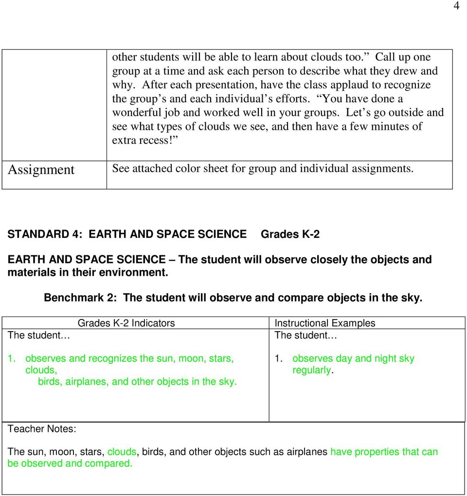 Let s go outside and see what types of clouds we see, and then have a few minutes of extra recess! Assignment See attached color sheet for group and individual assignments.