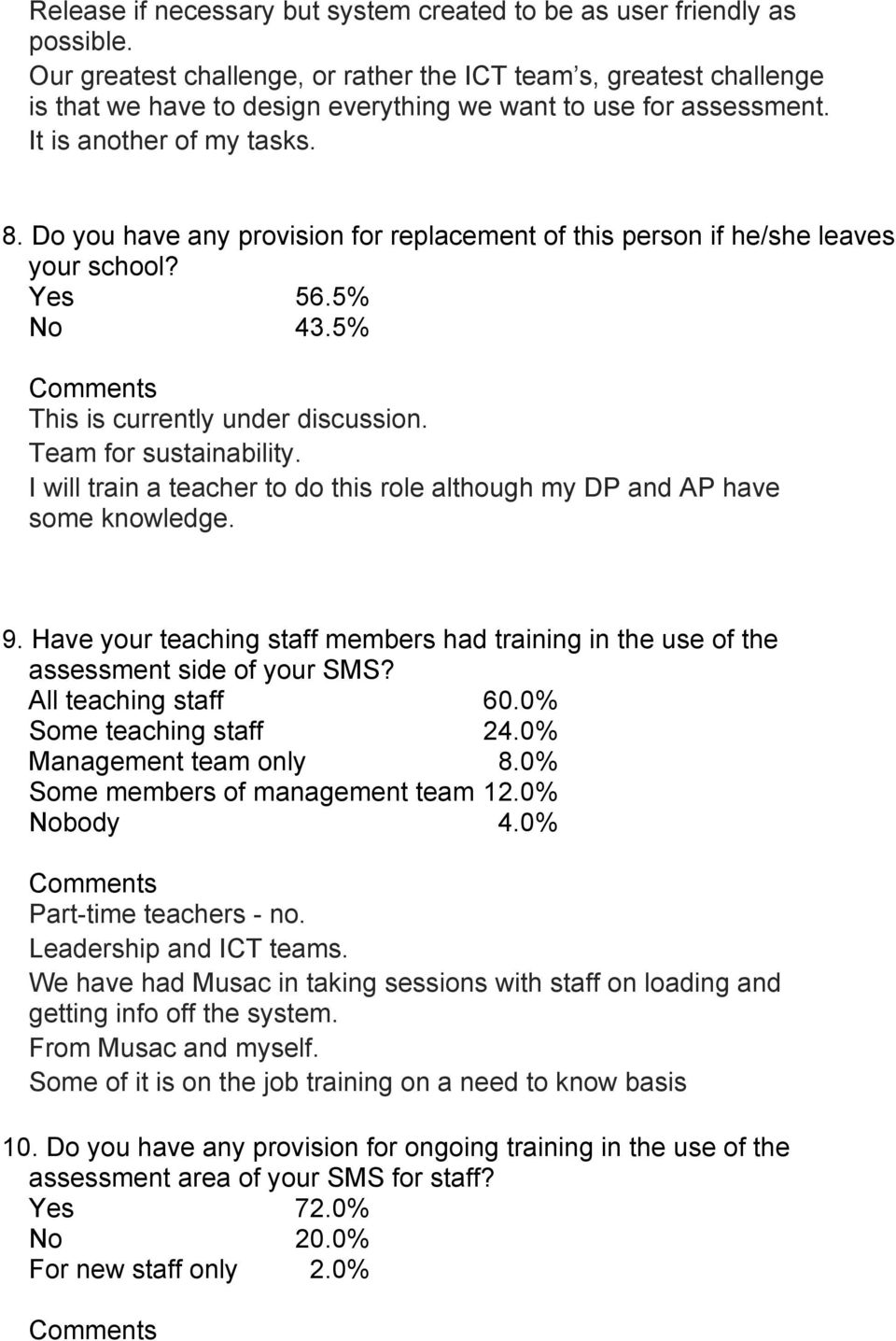 Do you have any provision for replacement of this person if he/she leaves your school? Yes 56.5% No 43.5% This is currently under discussion. Team for sustainability.