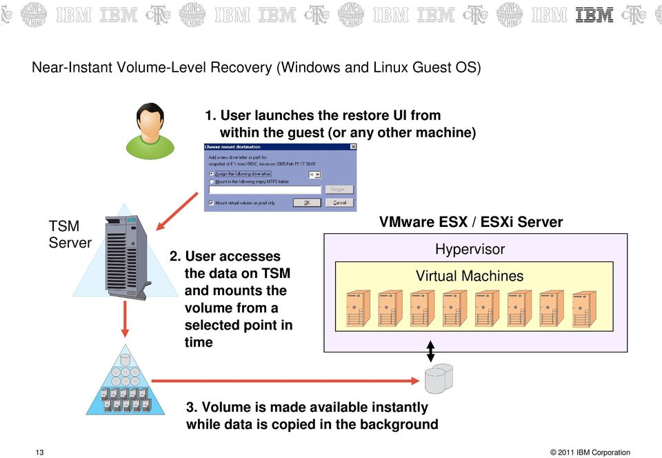 User accesses the data on and mounts the volume from a selected point in time VMware