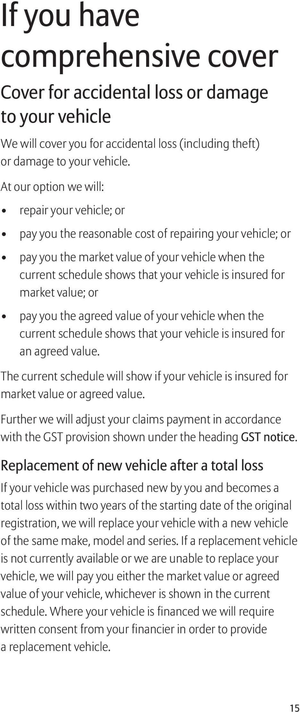 insured for market value; or pay you the agreed value of your vehicle when the current schedule shows that your vehicle is insured for an agreed value.