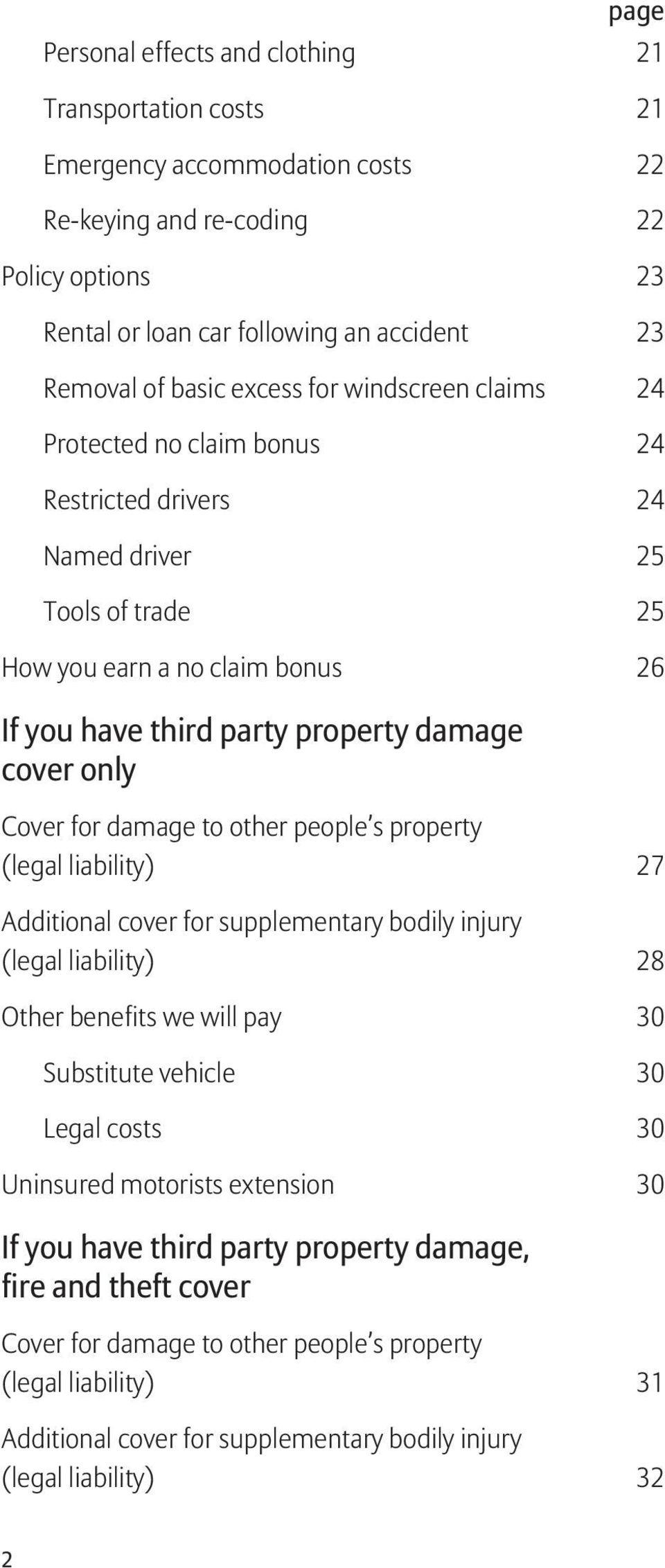 Cover for damage to other people s property (legal liability) 27 Additional cover for supplementary bodily injury (legal liability) 28 Other benefits we will pay 30 Substitute vehicle 30 Legal costs