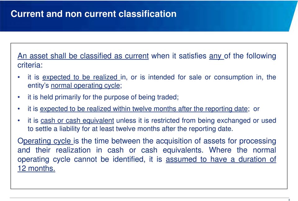 is cash or cash equivalent unless it is restricted from being exchanged or used to settle a liability for at least twelve months after the reporting date.