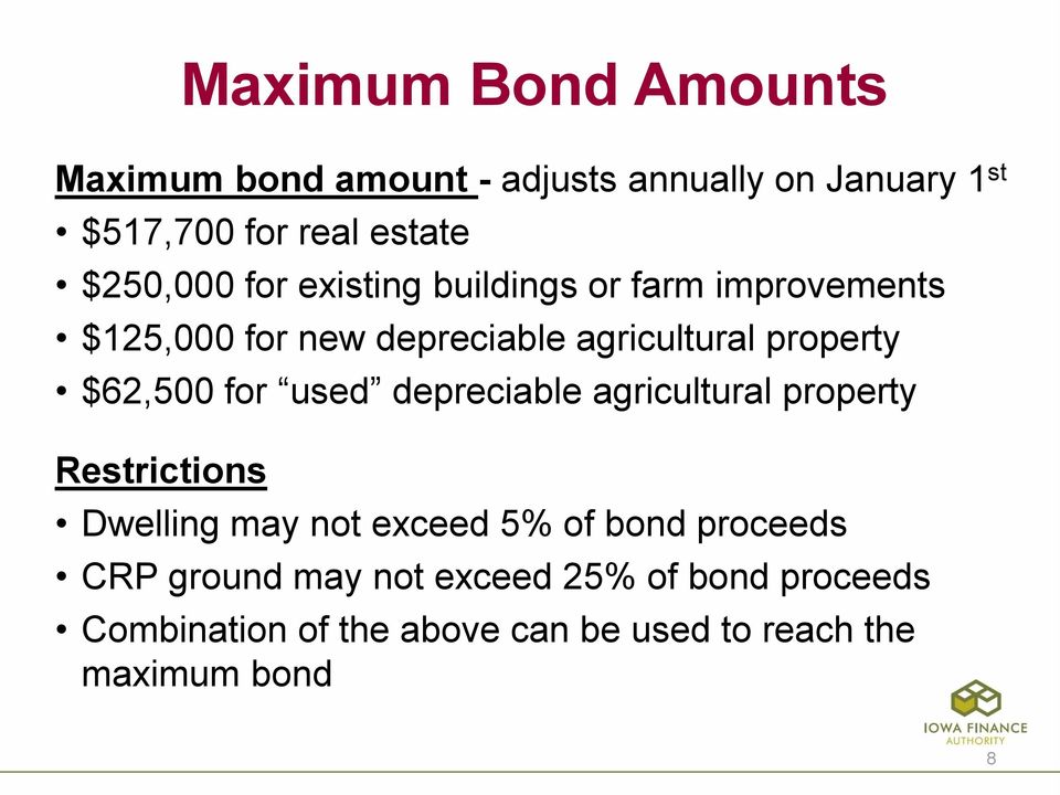 $62,500 for used depreciable agricultural property Restrictions Dwelling may not exceed 5% of bond