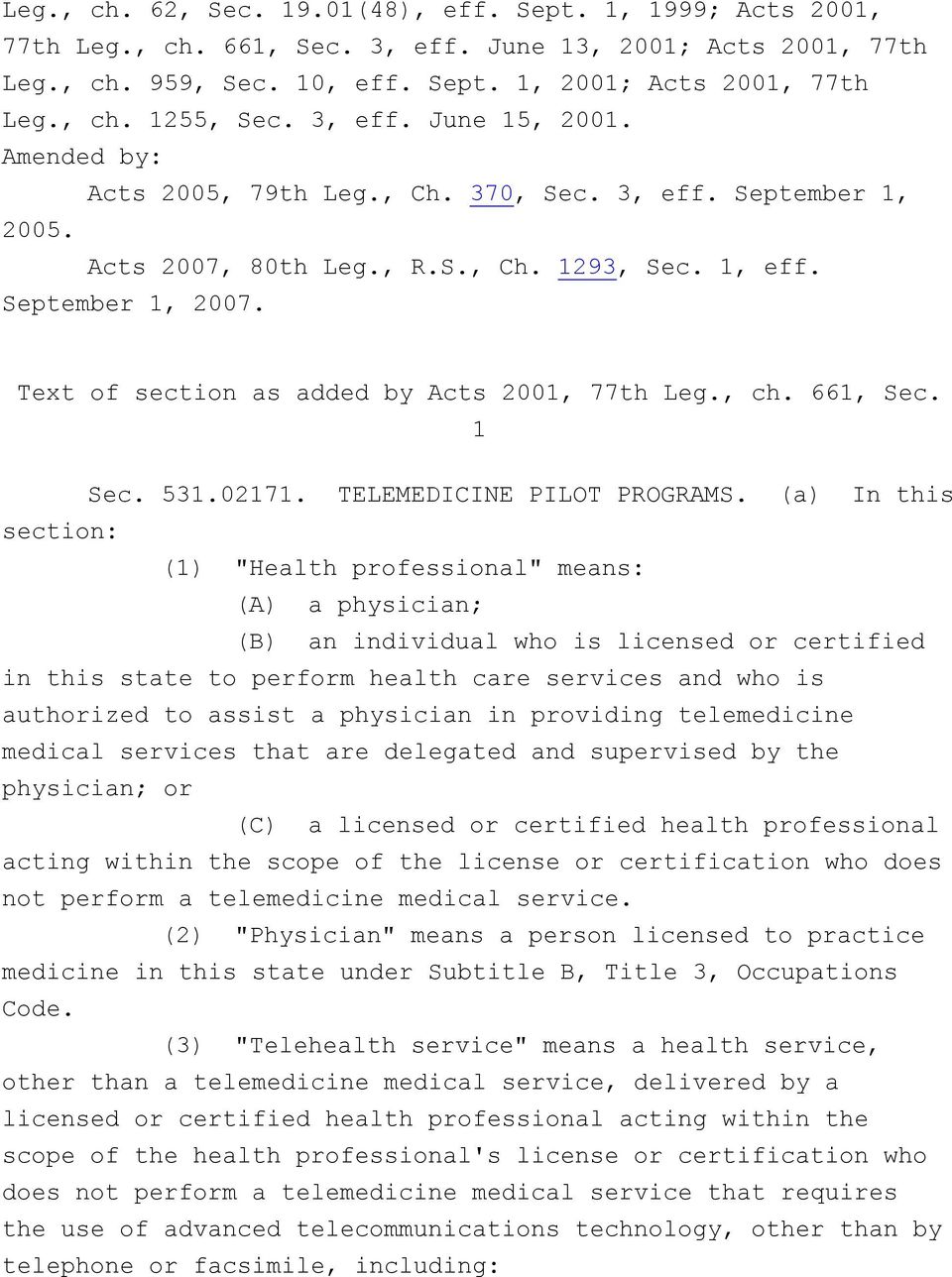 Text of section as added by Acts 2001, 77th Leg., ch. 661, Sec. 1 Sec. 531.02171. TELEMEDICINE PILOT PROGRAMS.