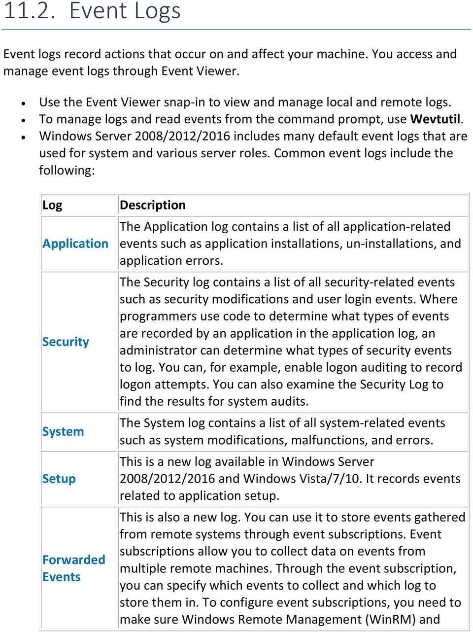 Windows Server 2008/2012/2016 includes many default event logs that are used for system and various server roles.