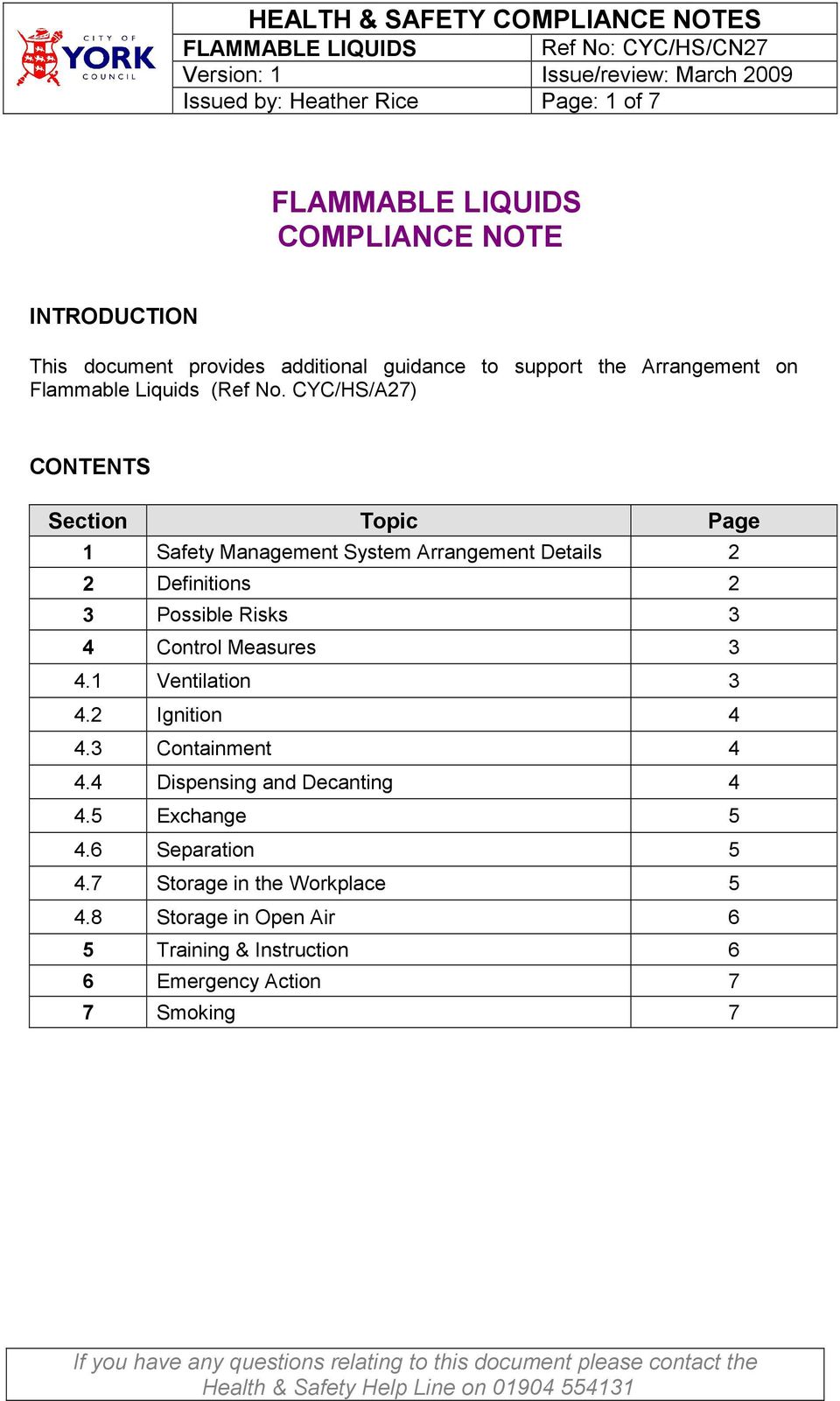 CYC/HS/A27) CONTENTS Section Topic Page 1 Safety Management System Arrangement Details 2 2 Definitions 2 3 Possible Risks 3 4 Control