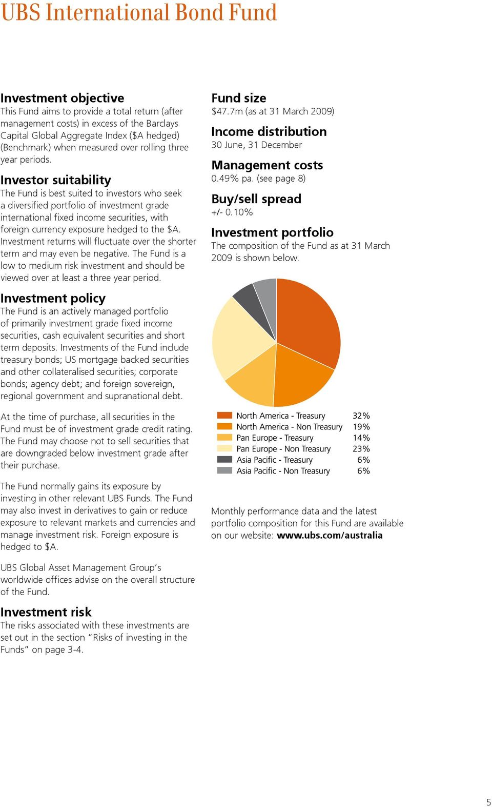 Investor suitability The Fund is best suited to investors who seek a diversified portfolio of investment grade international fixed income securities, with foreign currency exposure hedged to the $A.