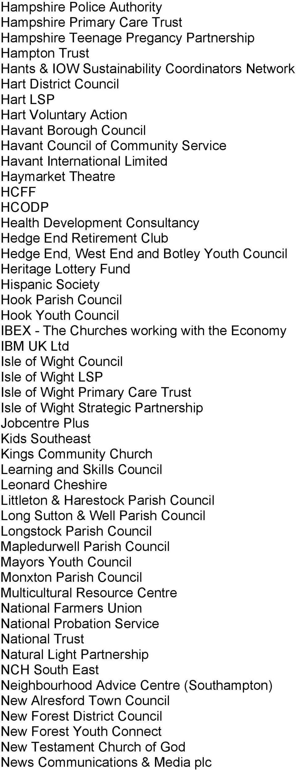End, West End and Botley Youth Council Heritage Lottery Fund Hispanic Society Hook Parish Council Hook Youth Council IBEX - The Churches working with the Economy IBM UK Ltd Isle of Wight Council Isle