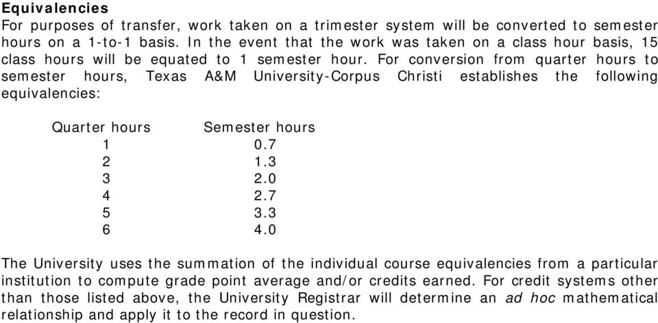 For conversion from quarter hours to semester hours, Texas A&M University-Corpus Christi establishes the following equivalencies: Quarter hours Semester hours 1 0.7 2 1.3 3 2.0 4 2.7 5 3.