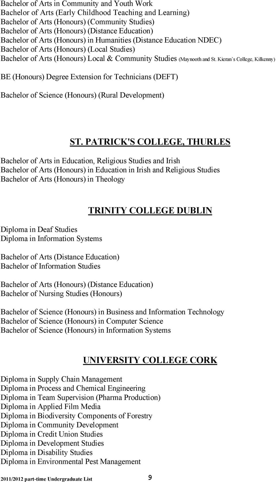 Kieran s College, Kilkenny) BE (Honours) Degree Extension for Technicians (DEFT) Bachelor of Science (Honours) (Rural Development) ST.