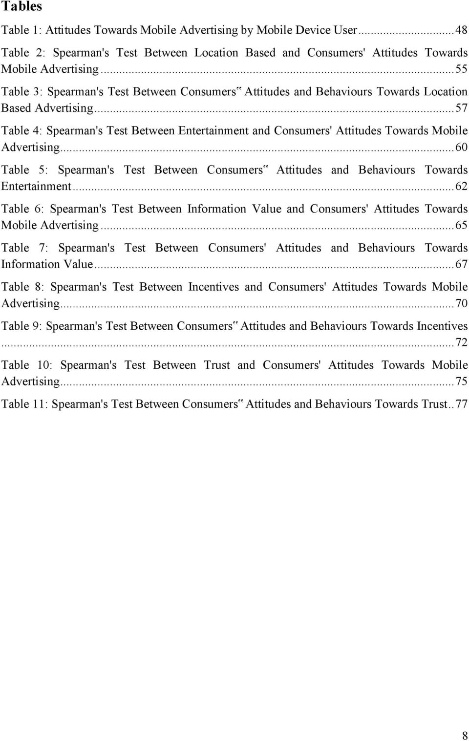 .. 57 Table 4: Spearman's Test Between Entertainment and Consumers' Attitudes Towards Mobile Advertising... 60 Table 5: Spearman's Test Between Consumers Attitudes and Behaviours Towards Entertainment.