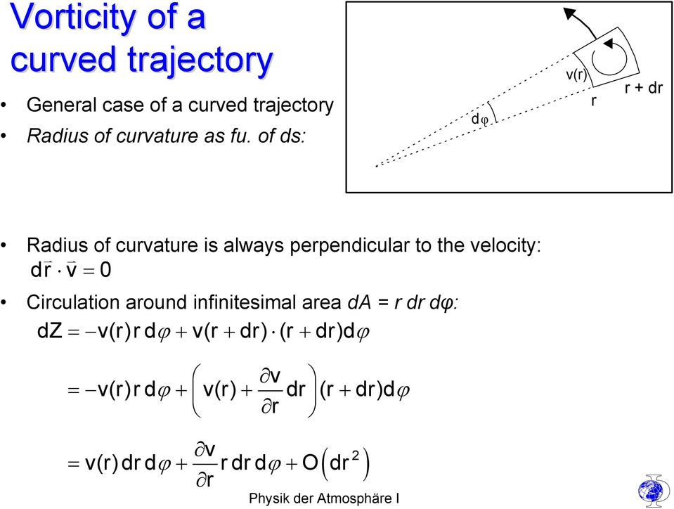 of ds: dϕ v(r) r r + dr Radius of curvature is always perpendicular to the velocity: dr