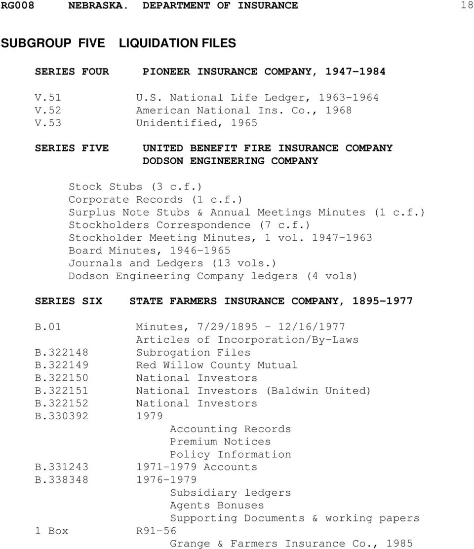 f.) Stockholders Correspondence (7 c.f.) Stockholder Meeting Minutes, 1 vol. 1947-1963 Board Minutes, 1946-1965 Journals and Ledgers (13 vols.