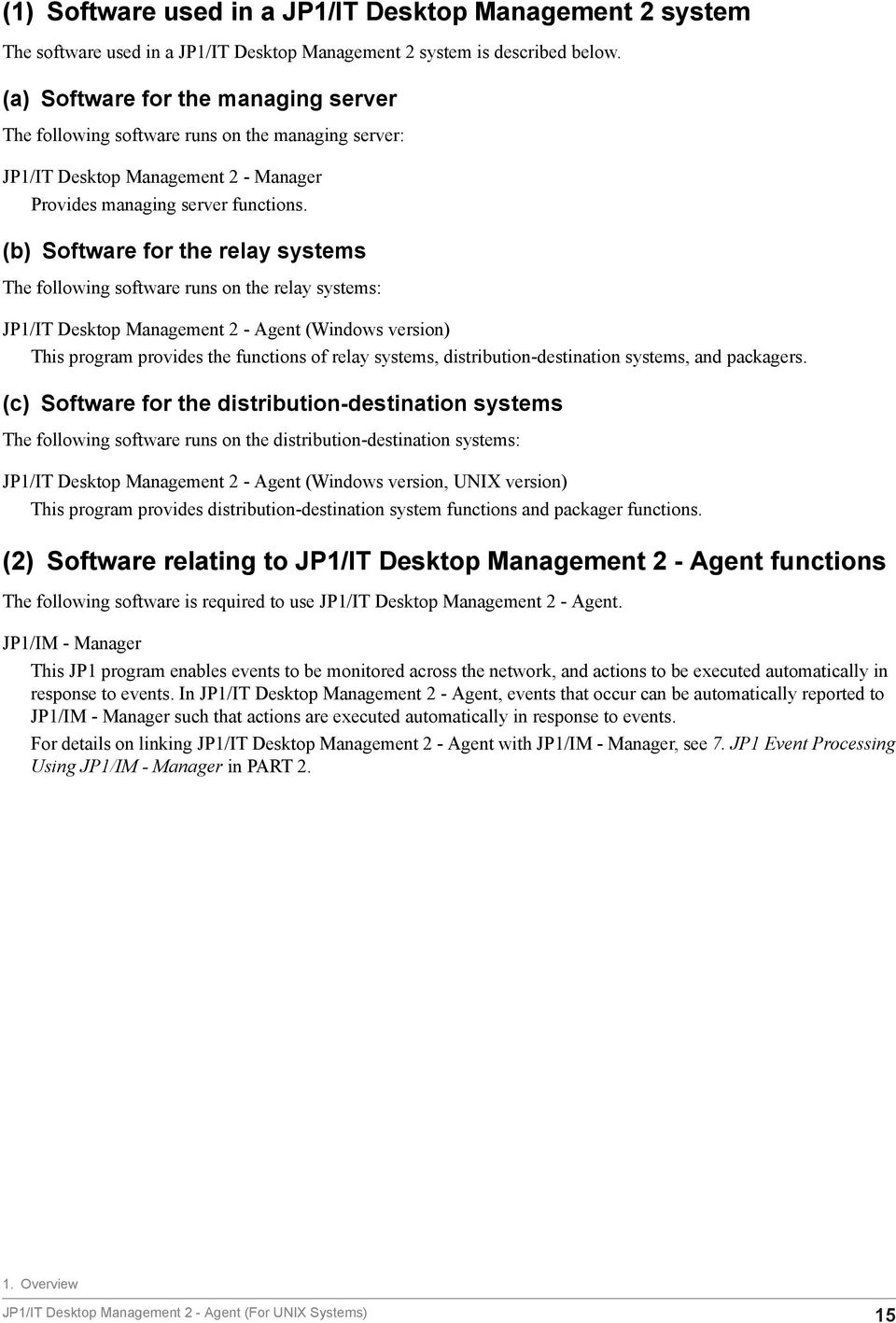(b) Software for the relay systems The following software runs on the relay systems: JP1/IT Desktop Management 2 - Agent (Windows version) This program provides the functions of relay systems,