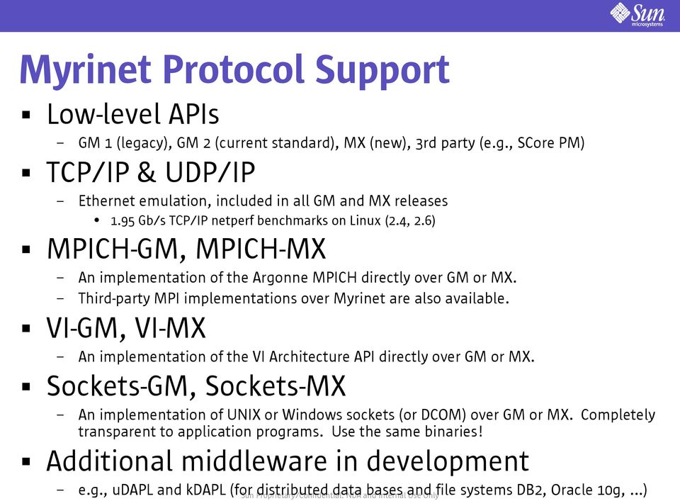 Third-party MPI implementations over Myrinet are also available. VI-GM, VI-MX An implementation of the VI Architecture API directly over GM or MX.