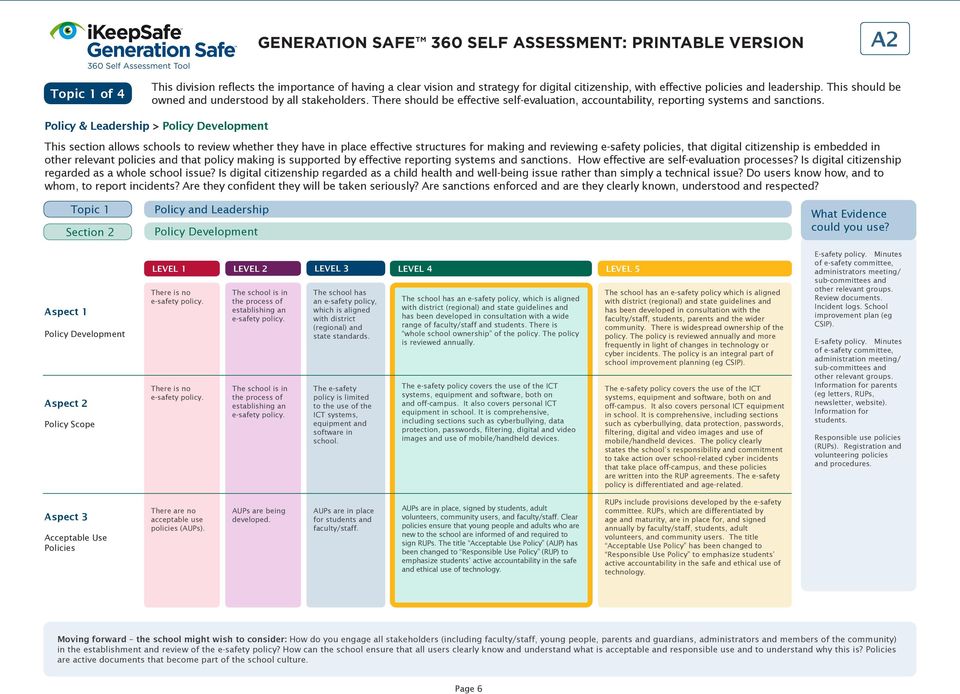 Policy & Leadership > Policy Development This section allows schools to review whether they have in place effective structures for making and reviewing e-safety policies, that digital is embedded in