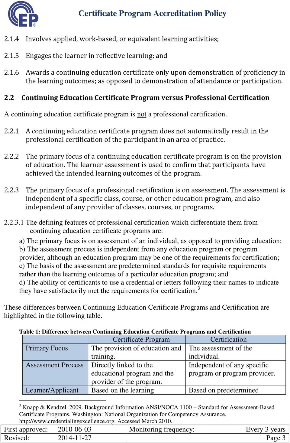 2.2.2 The primary focus of a continuing education certificate program is on the provision of education.