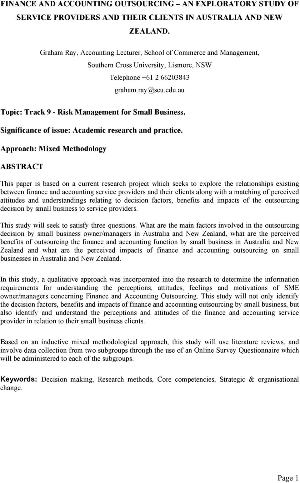 au Topic: Track 9 - Risk Management for Small Business. Significance of issue: Academic research and practice.
