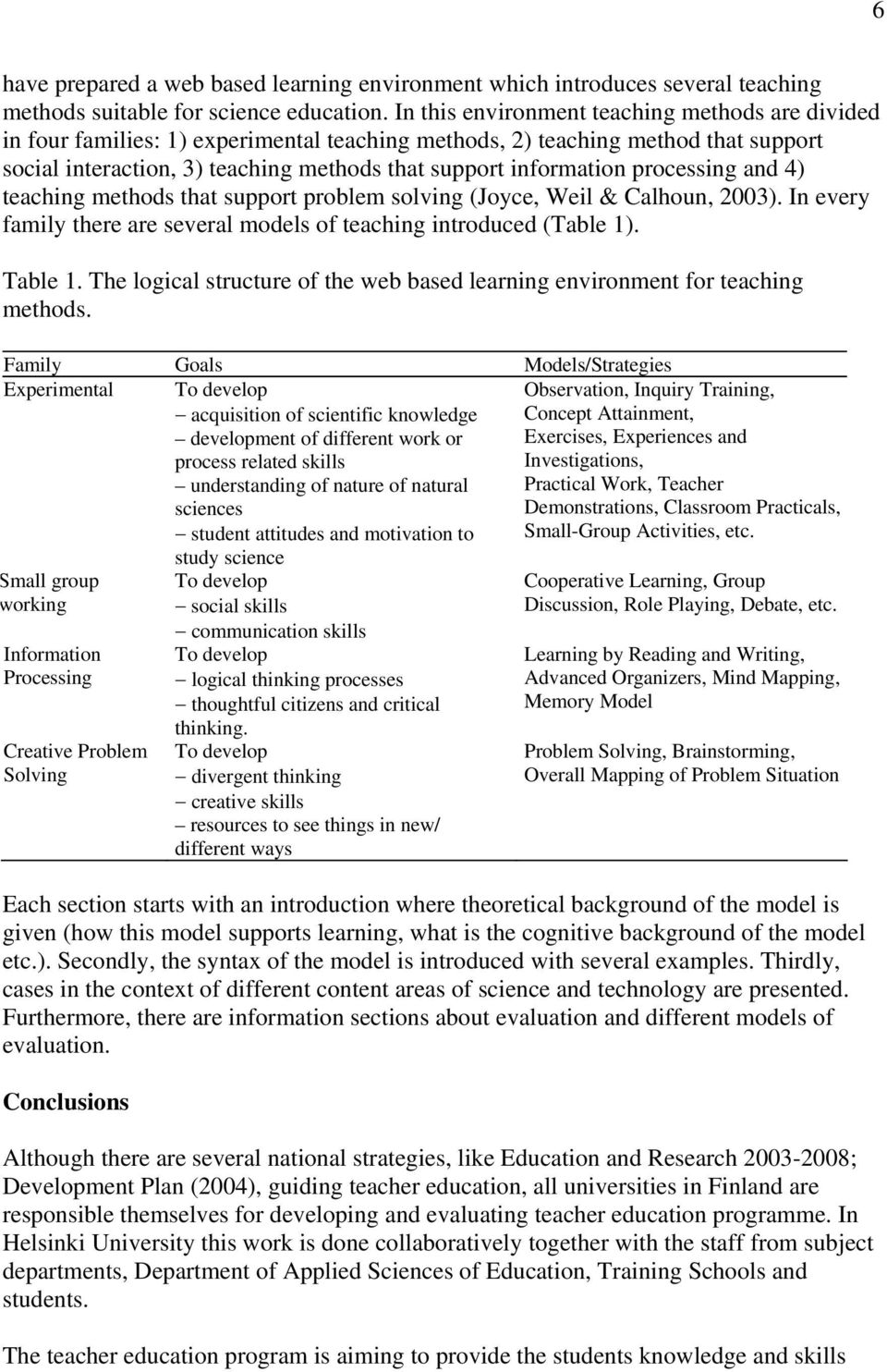 processing and 4) teaching methods that support problem solving (Joyce, Weil & Calhoun, 2003). In every family there are several models of teaching introduced (Table 1). Table 1.