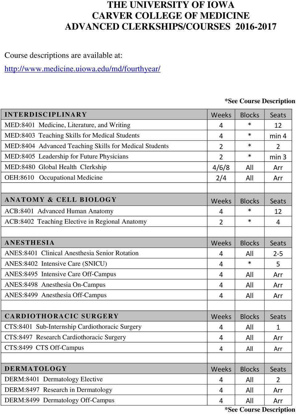 Medical Students 2 * 2 MED:8405 Leadership for Future Physicians 2 * min 3 MED:8480 Global Health Clerkship 4/6/8 All Arr OEH:8610 Occupational Medicine 2/4 All Arr ANATOMY & CELL BIOLOGY Weeks