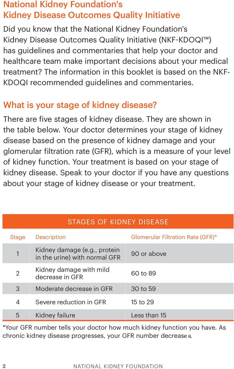 The information in this booklet is based on the NKF- KDOQI recommended guidelines and commentaries. What is your stage of kidney disease? There are five stages of kidney disease.