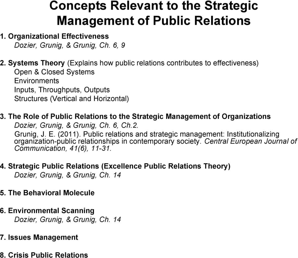 The Role of Public Relations to the Strategic Management of Organizations Dozier, Grunig, & Grunig, Ch. 6, Ch.2. Grunig, J. E. (2011).
