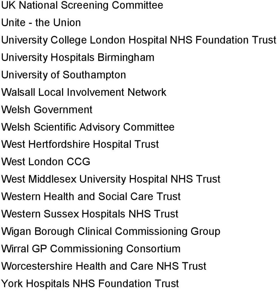 Trust West London CCG West Middlesex University Hospital NHS Trust Western Health and Social Care Trust Western Sussex Hospitals NHS Trust