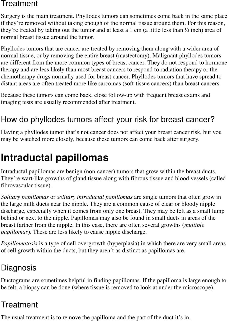 Phyllodes tumors that are cancer are treated by removing them along with a wider area of normal tissue, or by removing the entire breast (mastectomy).