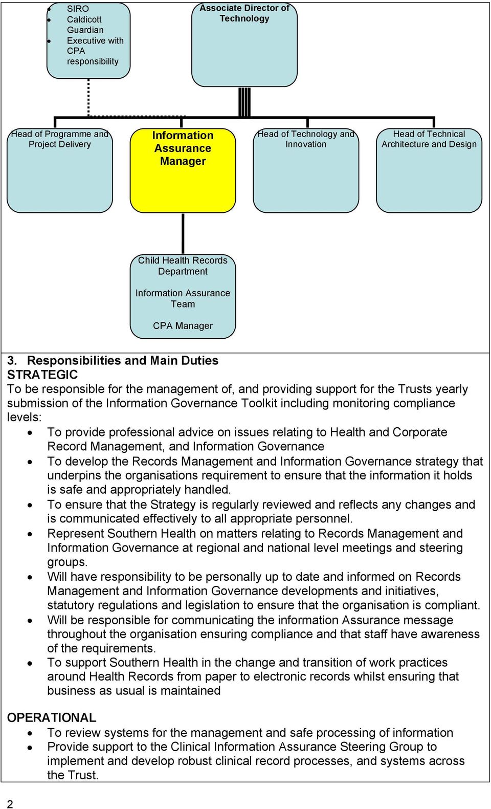Responsibilities and Main Duties STRATEGIC To be responsible for the management of, and providing support for the Trusts yearly submission of the Information Governance Toolkit including monitoring