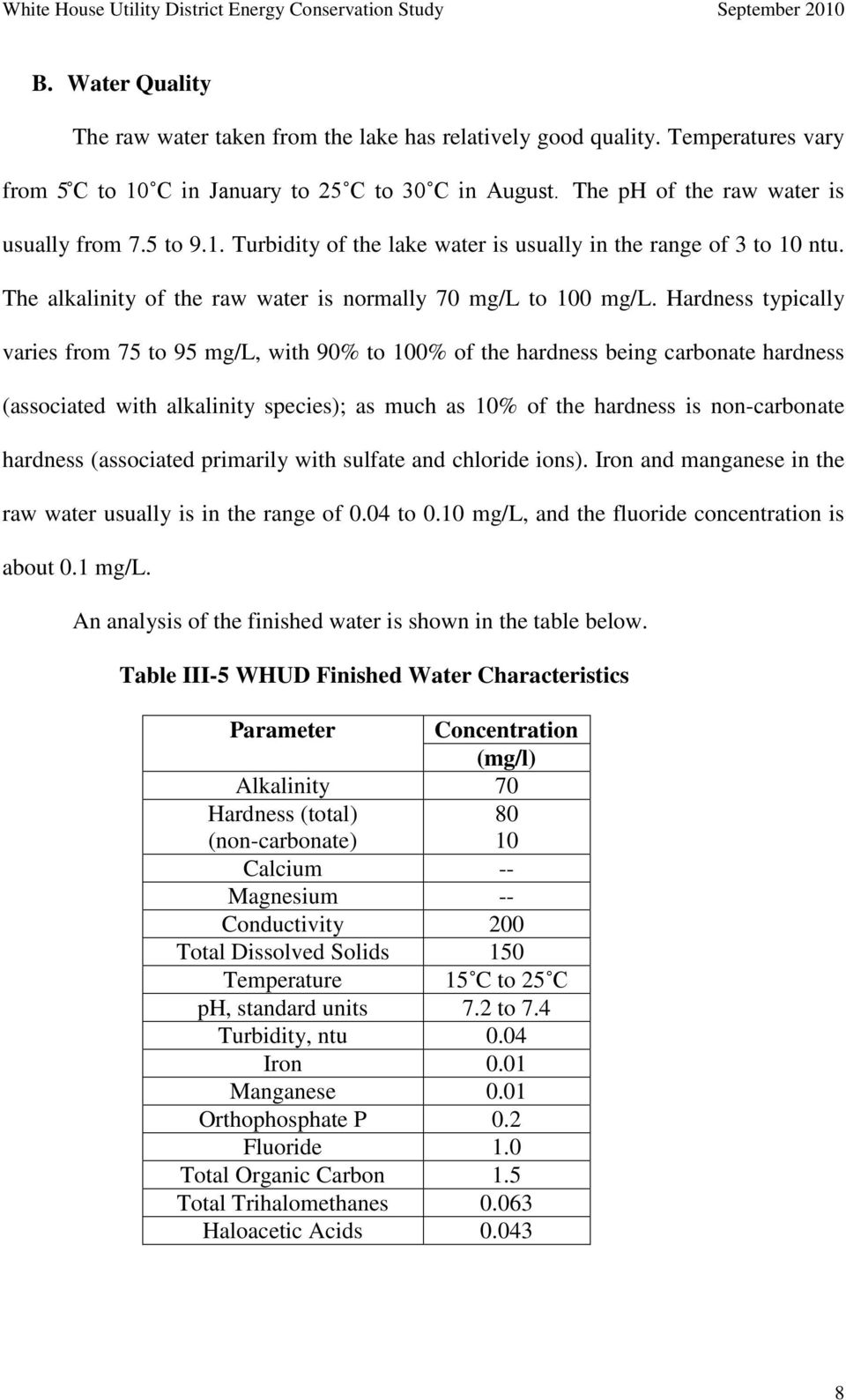 Hardness typically varies from 75 to 95 mg/l, with 90% to 100% of the hardness being carbonate hardness (associated with alkalinity species); as much as 10% of the hardness is non-carbonate hardness