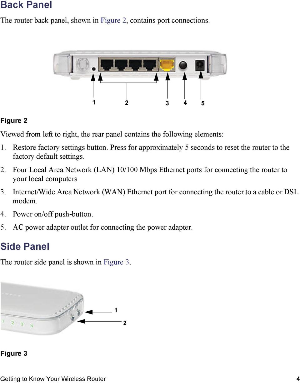 Four Local Area Network (LAN) 10/100 Mbps Ethernet ports for connecting the router to your local computers 3.