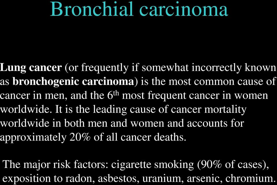 It is the leading cause of cancer mortality worldwide in both men and women and accounts for approximately 20%
