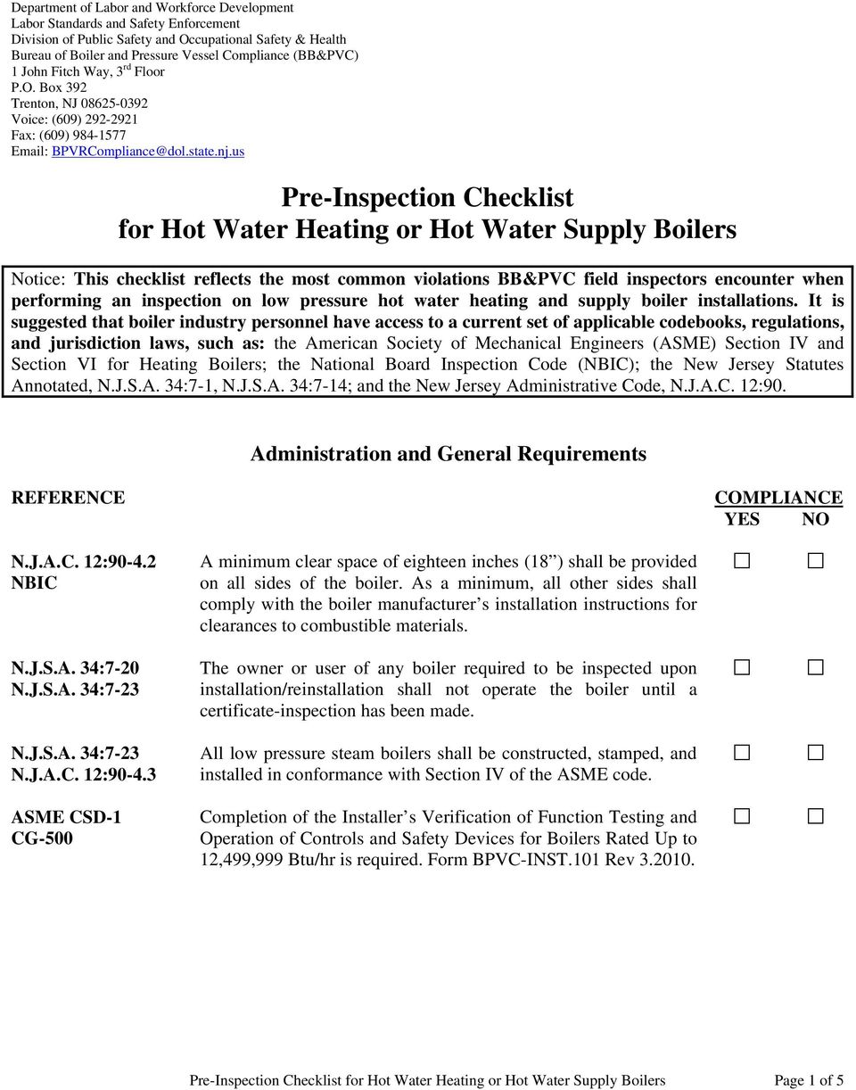 Pre Inspection Checklist For Hot Water Heating Or Hot Water Supply Boilers Pdf Free Download
