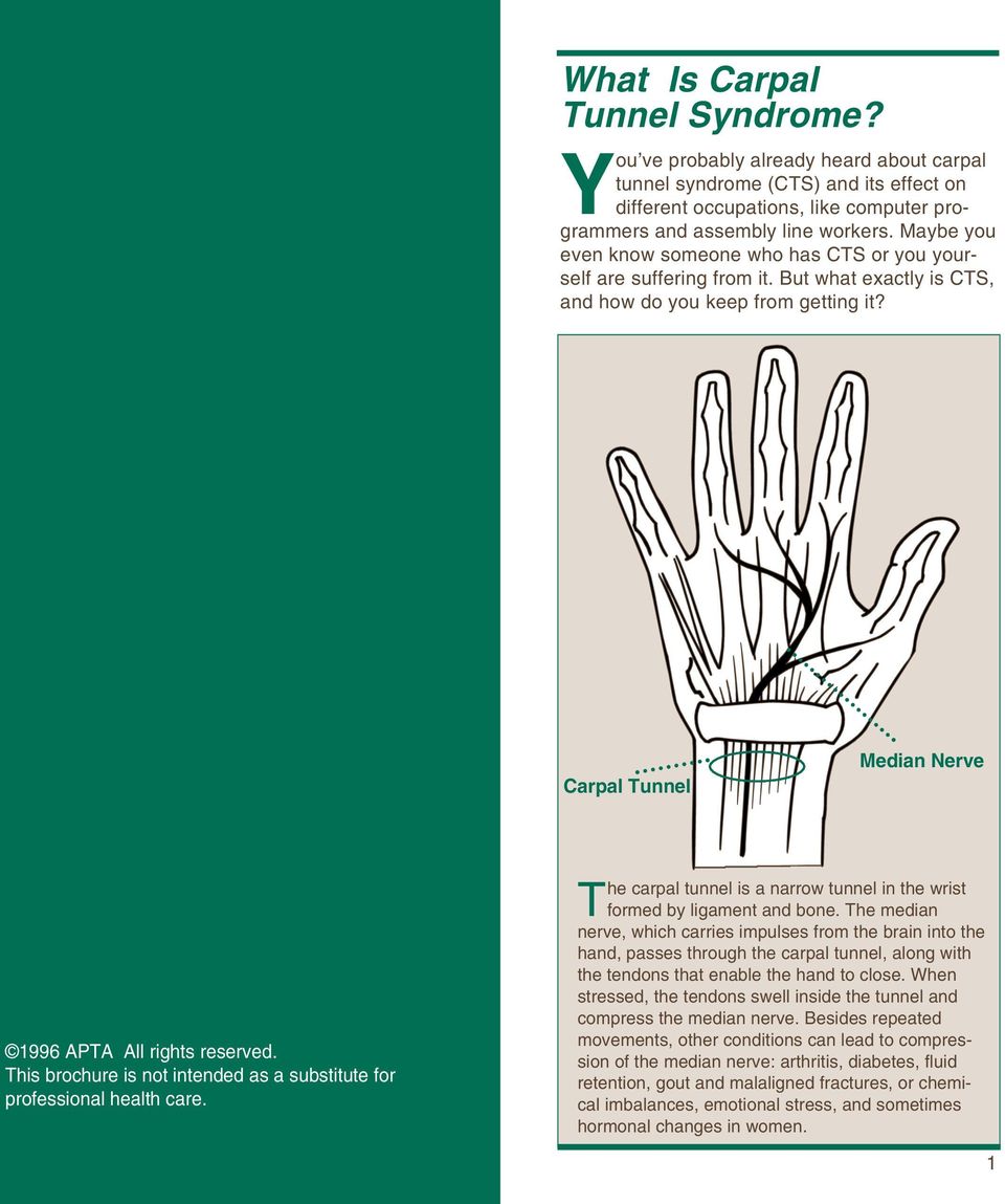 This brochure is not intended as a substitute for professional health care. The carpal tunnel is a narrow tunnel in the wrist formed by ligament and bone.