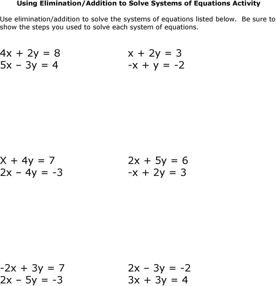 Solving Systems of Linear Equations Elimination (Addition) - PDF Within Systems Of Equations Elimination Worksheet