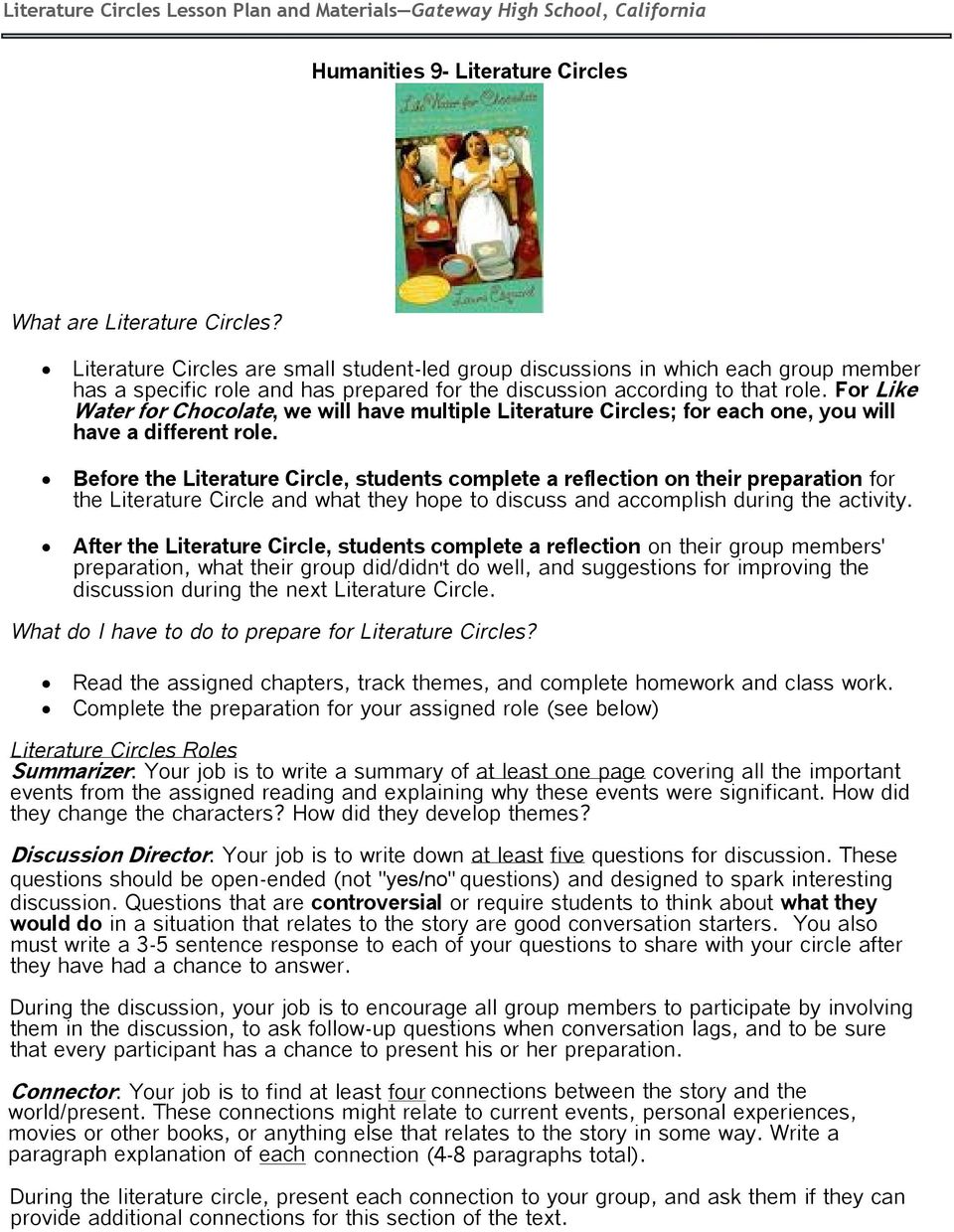Literature Circles Lesson Plan And Materials Pdf Free Download