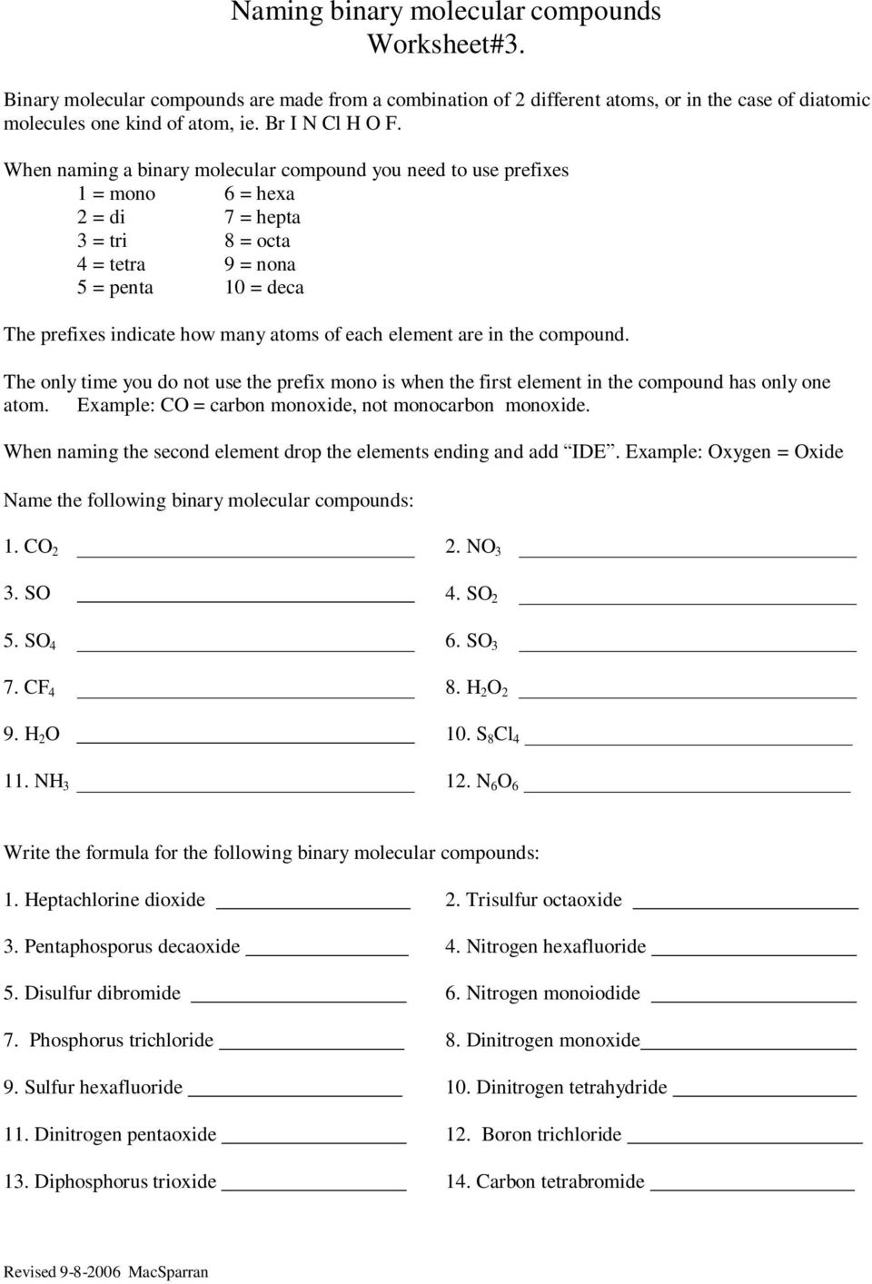 Naming ions and chemical compounds Worksheet #22. a. iodide ion b Inside Naming Molecular Compounds Worksheet