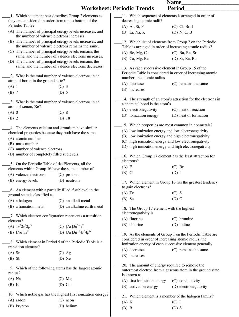 Name. Worksheet: Periodic Trends. 11. Which sequence of elements Within Worksheet Periodic Trends Answers