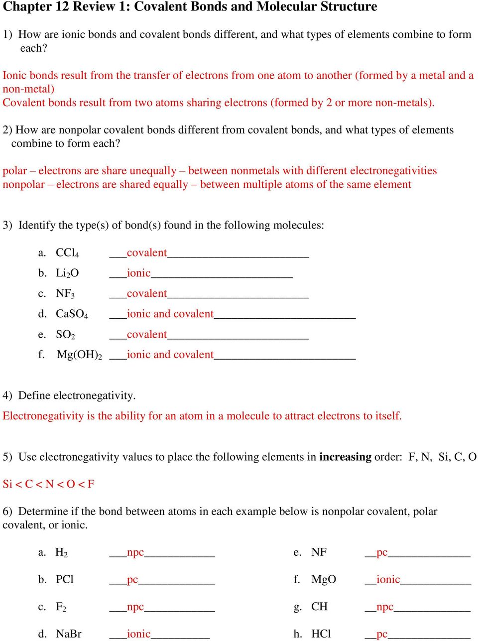 Chapter 24 Review 24: Covalent Bonds and Molecular Structure - PDF Pertaining To Worksheet Polarity Of Bonds Answers