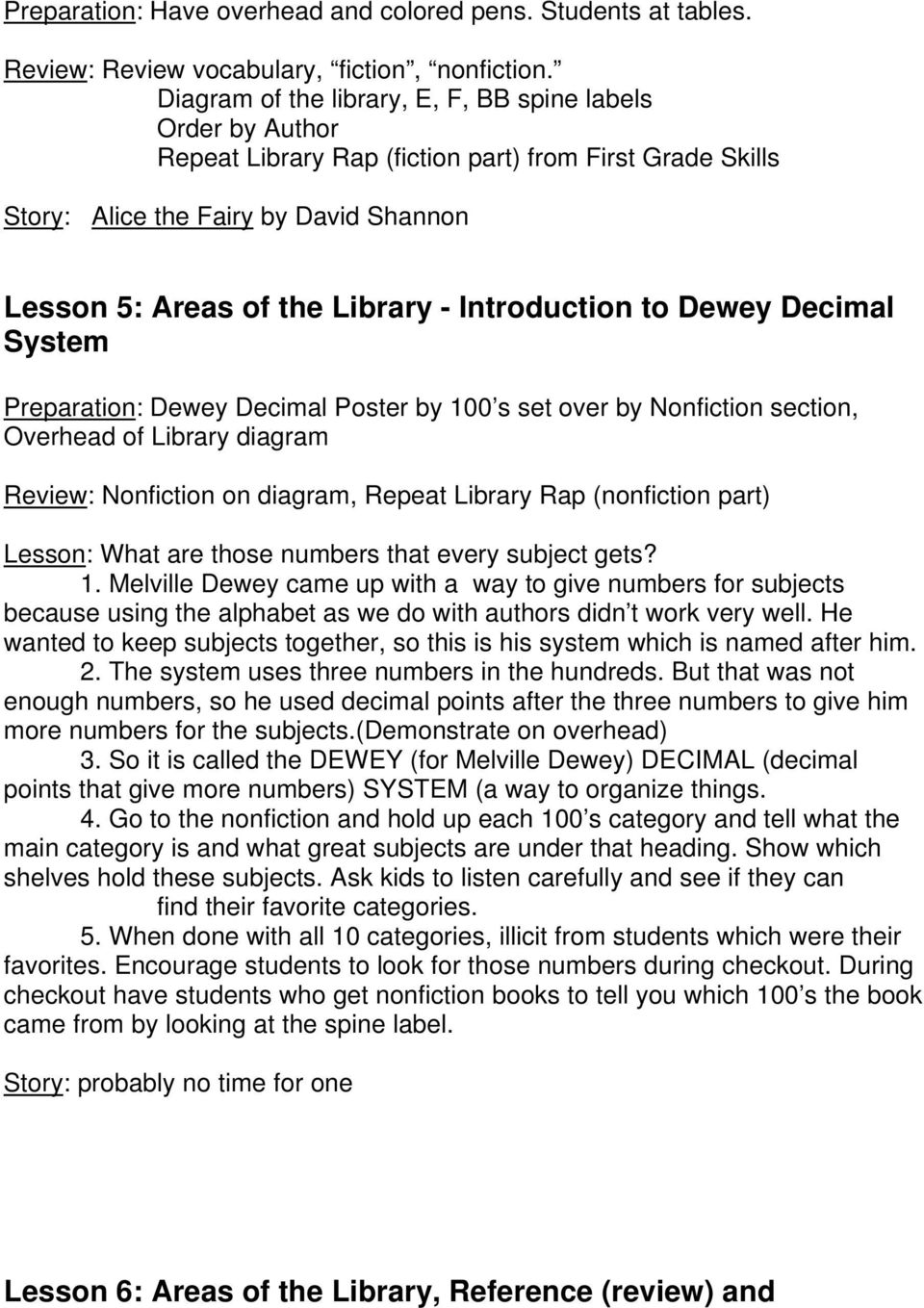 Introduction to Dewey Decimal System Preparation: Dewey Decimal Poster by 100 s set over by Nonfiction section, Overhead of Library diagram Review: Nonfiction on diagram, Repeat Library Rap