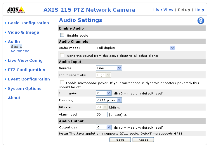 Audio Settings (AXIS 215 PTZ only) This section describes how to configure the basic audio settings for the AXIS 215 PTZ, such as setting the communication mode and adjusting the sound levels in the