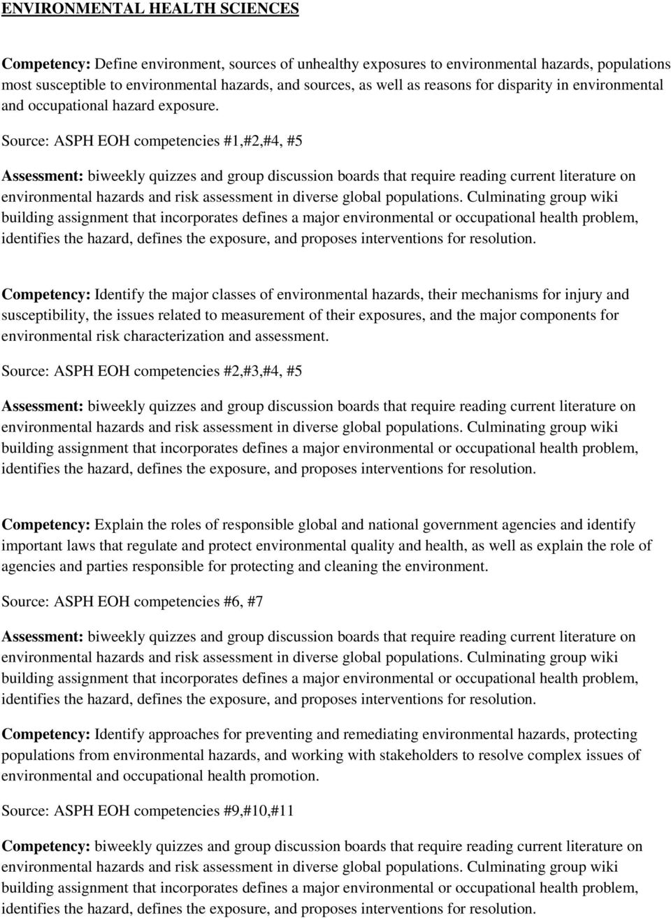 Source: ASPH EOH competencies #1,#2,#4, #5 biweekly quizzes and group discussion boards that require reading current literature on environmental hazards and risk assessment in diverse global
